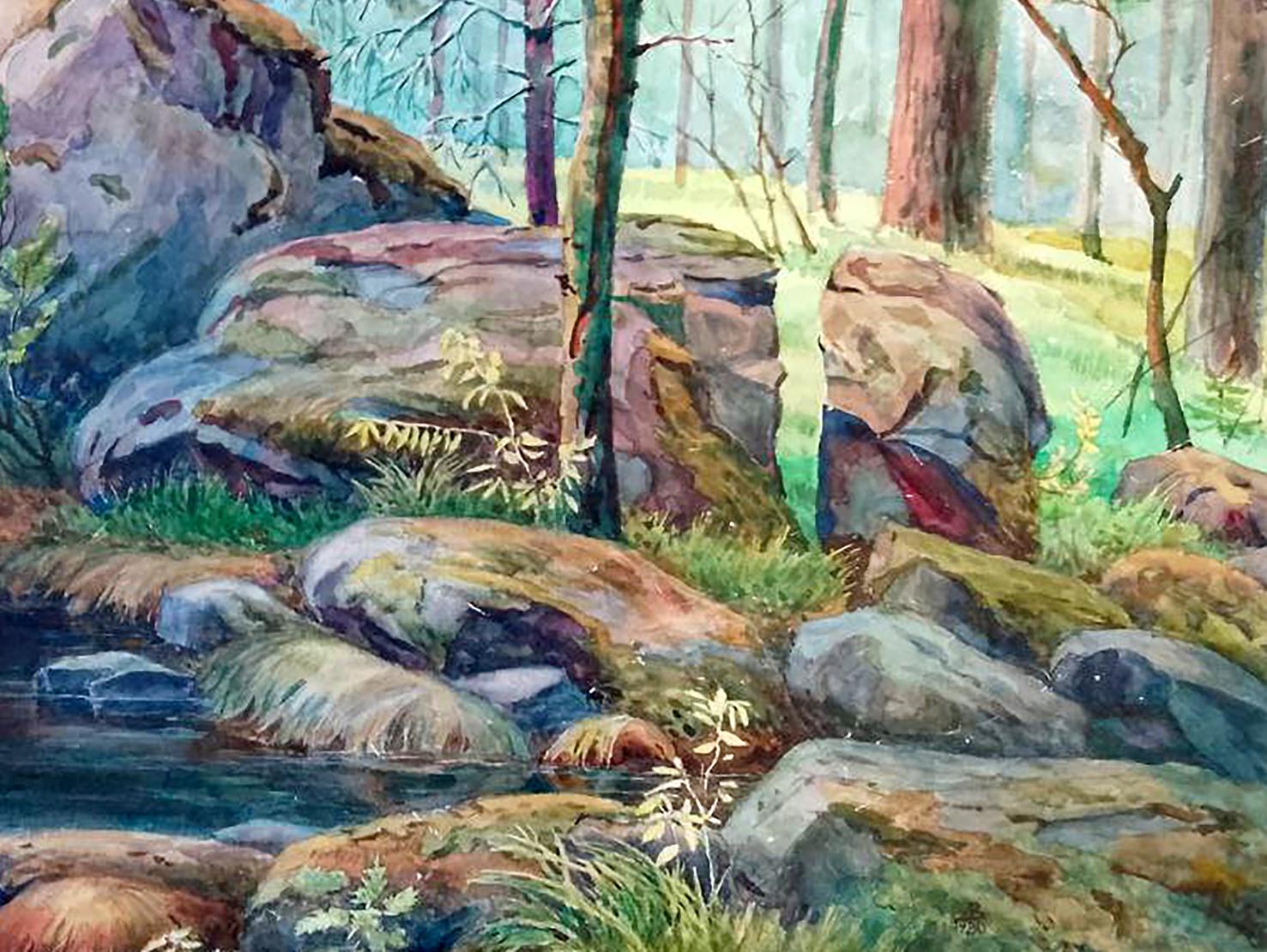 Watercolor forest fairy tale by Vitaly Duhnevich: mossy rocks line stream