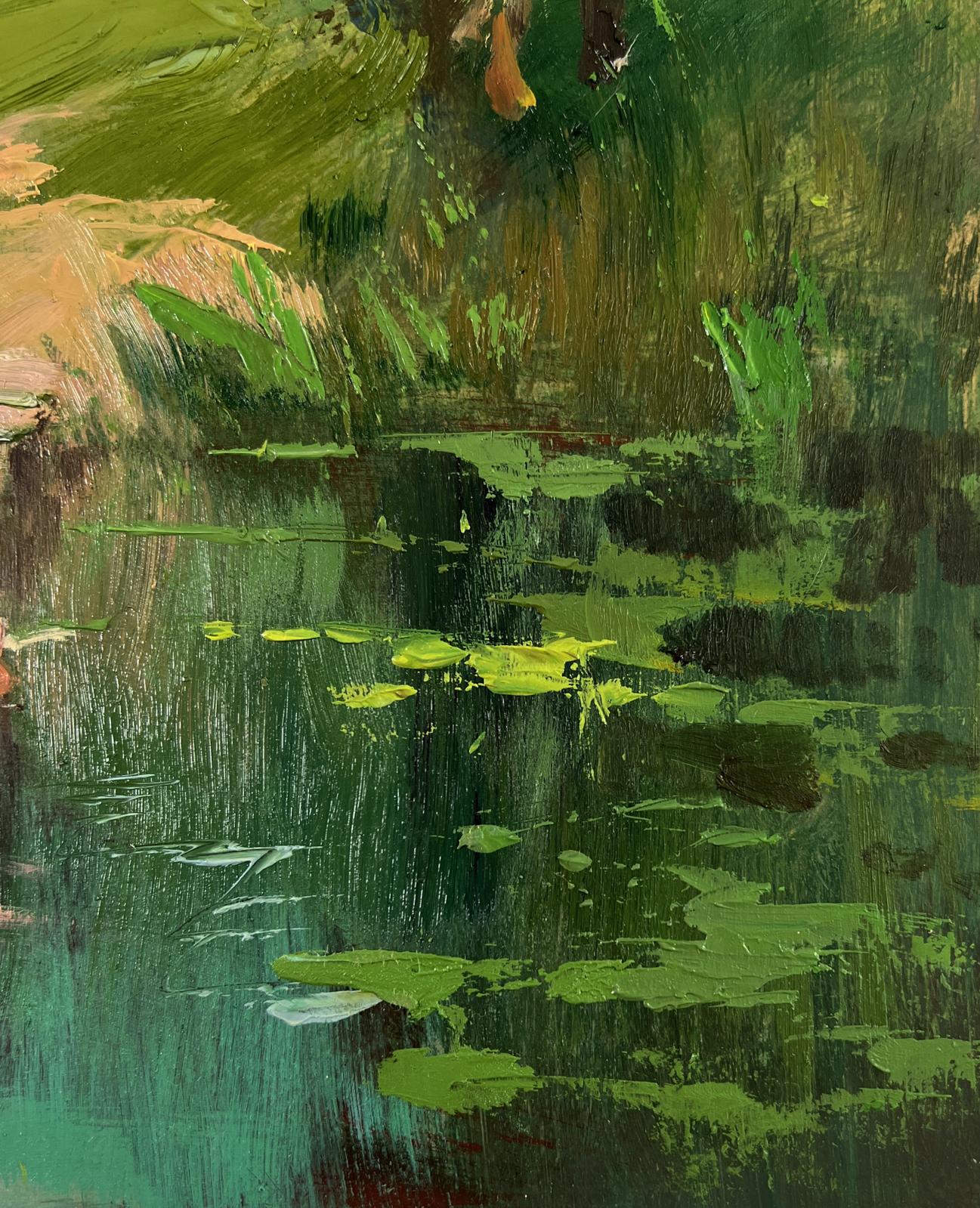 Oil painting At the village shore by Yuriy Suprunchuk serene pond lily pads