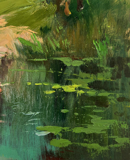 Oil painting At the village shore by Yuriy Suprunchuk serene pond lily pads