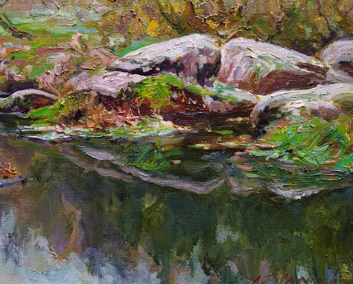 Oil painting On the river bank by Leonid Pavlenko: mossy rocks reflecting in calm water