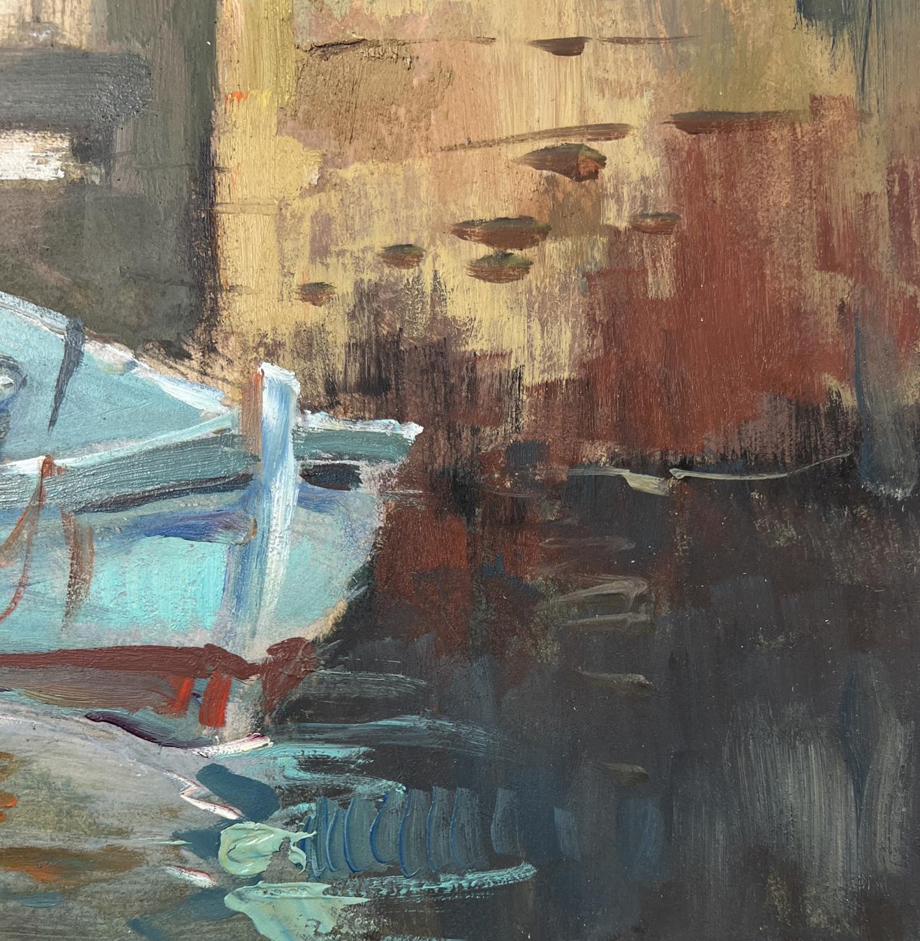 Abstract teal ochre brown brushstrokes oil painting Boat in city streets by Yuriy Suprunchuk
