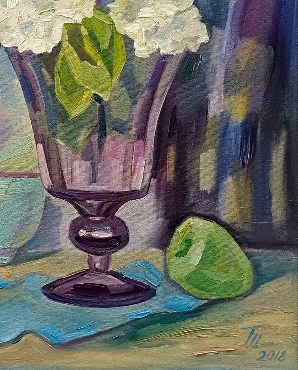 Oil painting of white hydrangeas in purple vase by Tatyana Shulyak