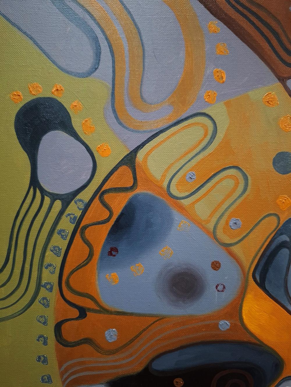 Abstract oil painting by Sergiy Voichenko with swirling orange, yellow, gray crow patterns and textured brushstrokes