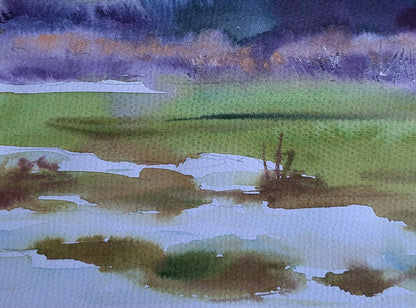 Watercolor painting First snow silence by Boris Serdyuk, green field with snow