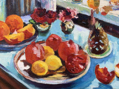 Oil painting The fruit table is set by Boris Serdyuk with pomegranates and lemons