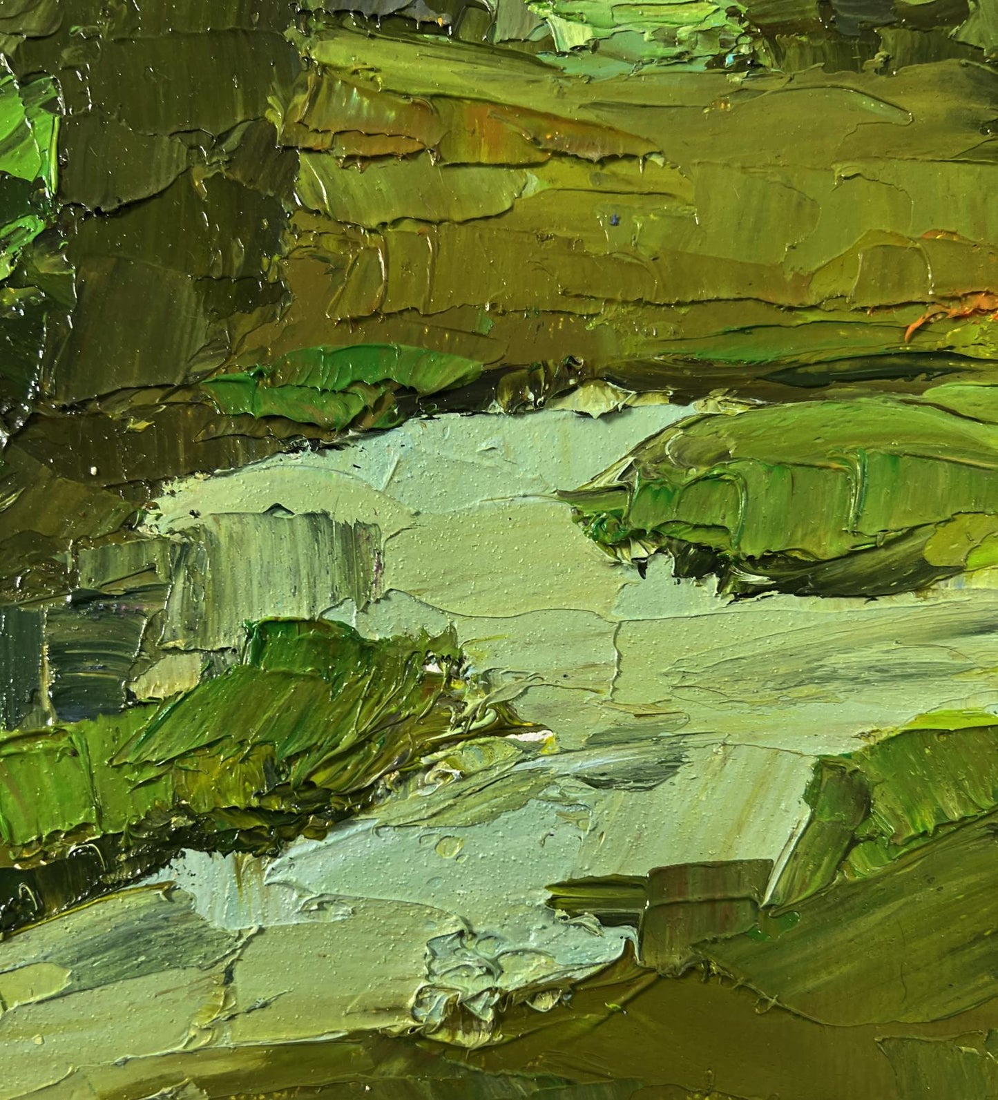 Oil painting of mountain nature by Boris Serdyuk, textured green impasto