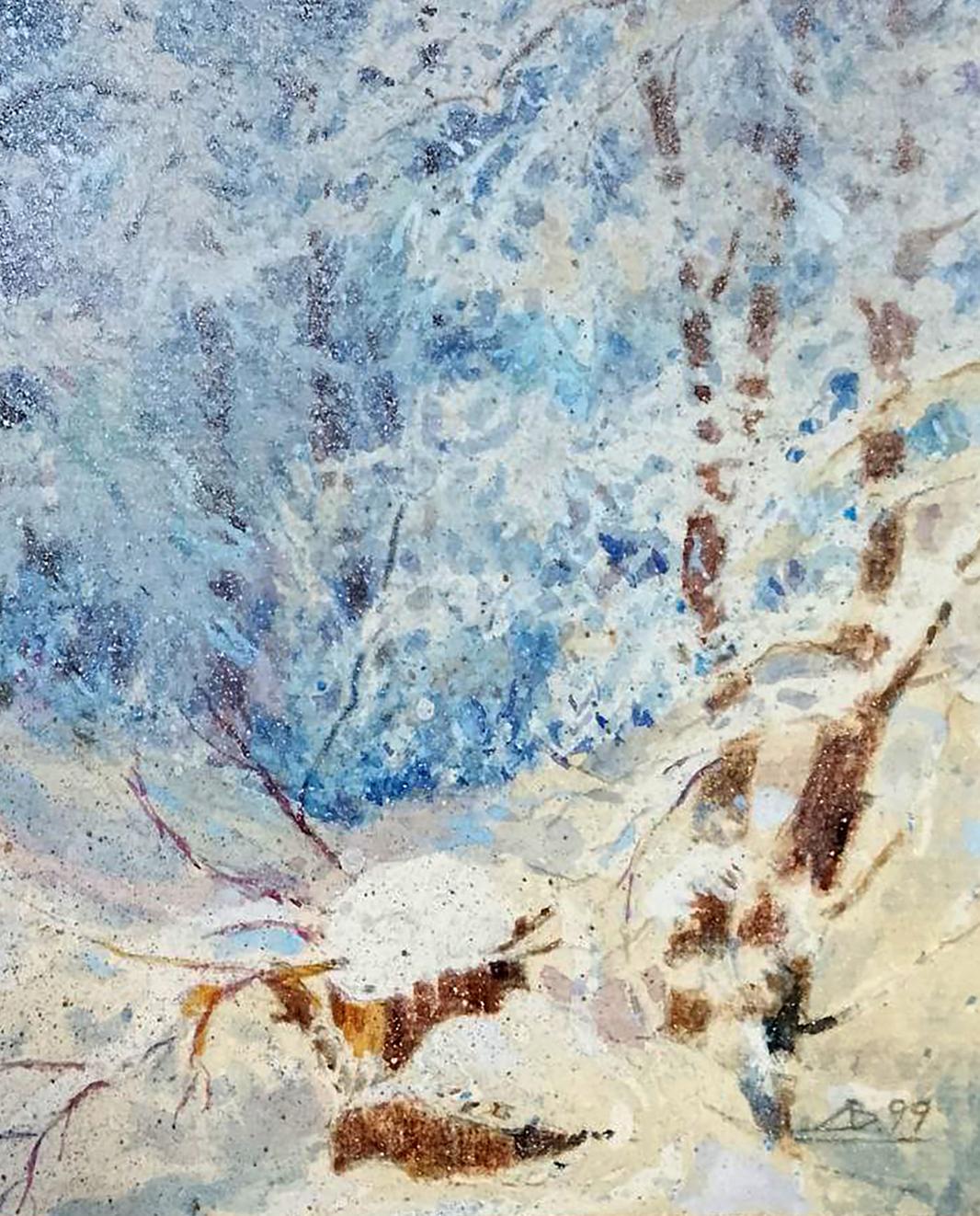 Abstract watercolor winter forest by Vitaly Duhnevich, blue and brown tones