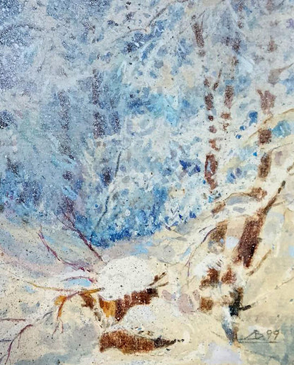 Abstract watercolor winter forest by Vitaly Duhnevich, blue and brown tones