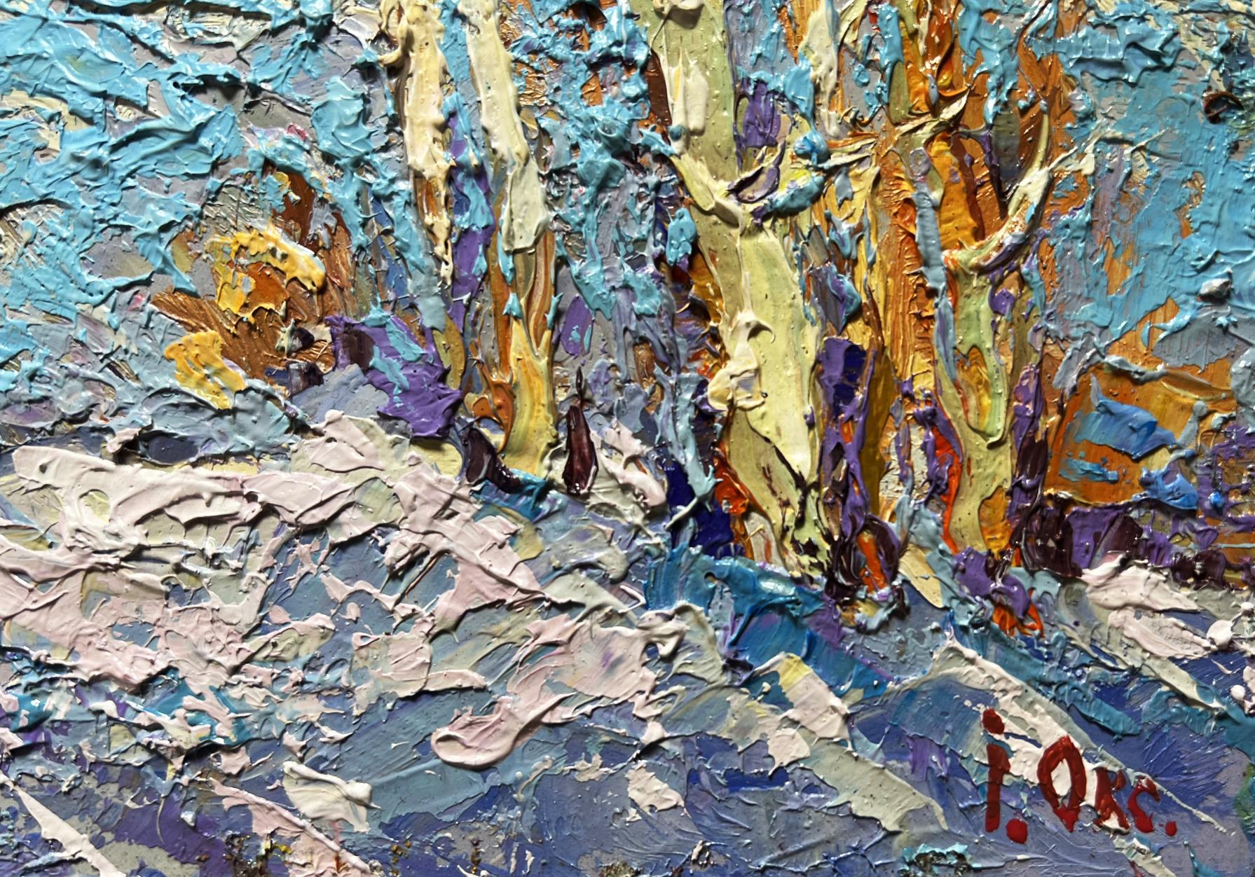 Textured oil painting Winter Day by Oksana Ivanyuk with blue, yellow, purple brushstrokes