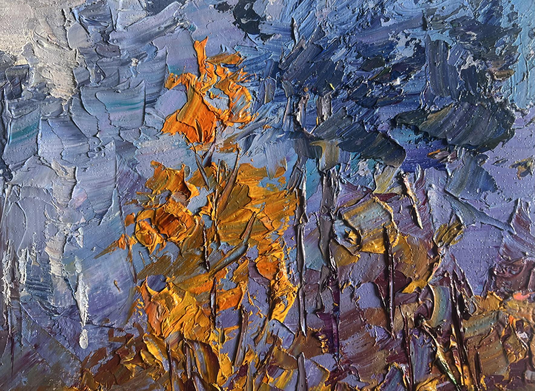 Oil painting Road to the autumn forest by Boris Serdyuk vibrant orange gold flowers textured blues purples grays