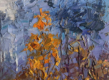 Oil painting Road to the autumn forest by Boris Serdyuk vibrant orange gold flowers textured blues purples grays