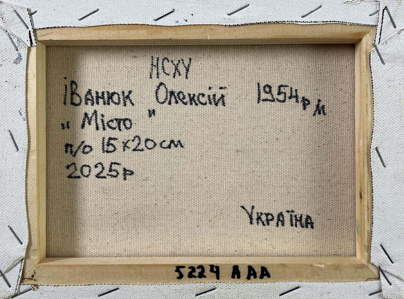 Back of Oil painting Twilight Over the City by Oleksiy Ivanyuk in wooden frame
