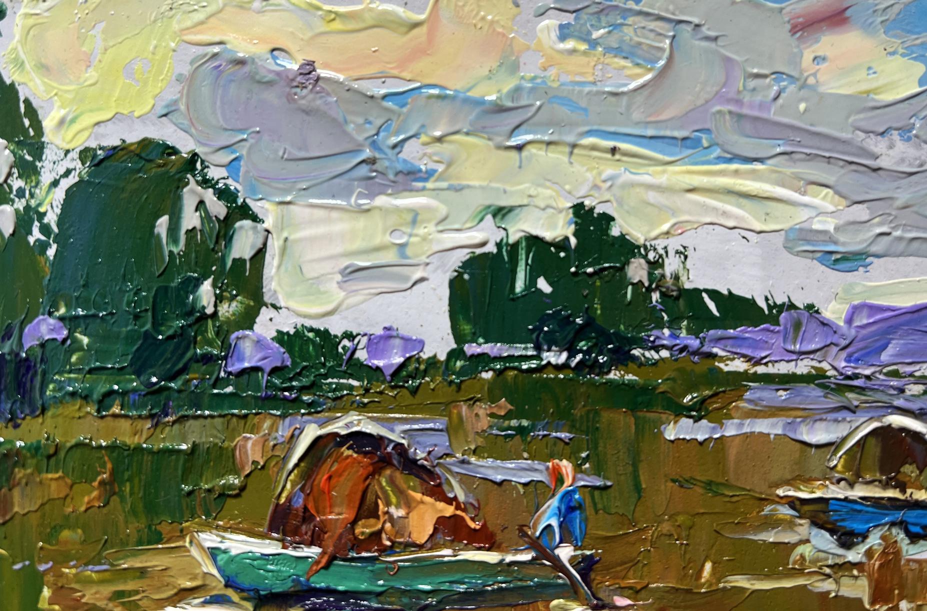 Vibrant impressionist oil painting Hay transportation by boats by Oleksiy Ivanyuk