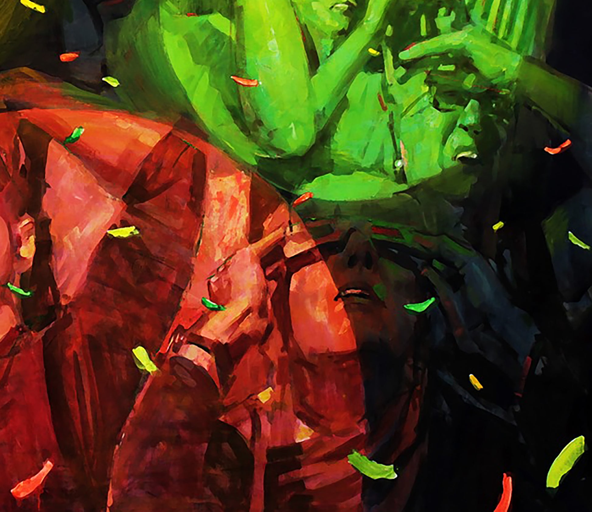 Vibrant Show Forever oil painting by Ed Potapenkov with green red brushstrokes