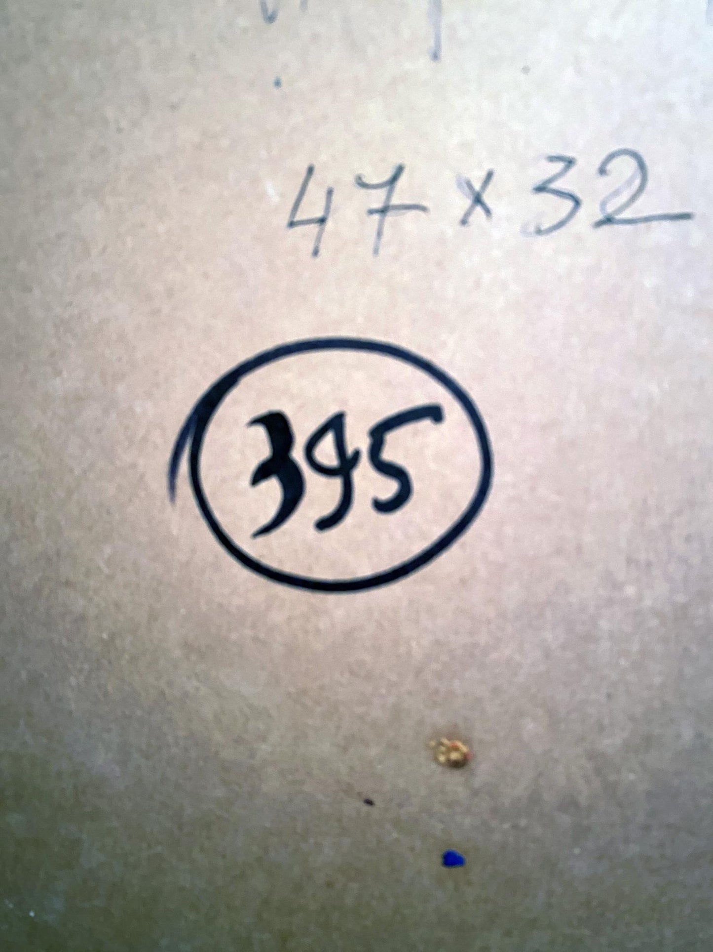 Back of Oil painting Near the sea Leonid Chernov with circled 395 marker number on beige texture