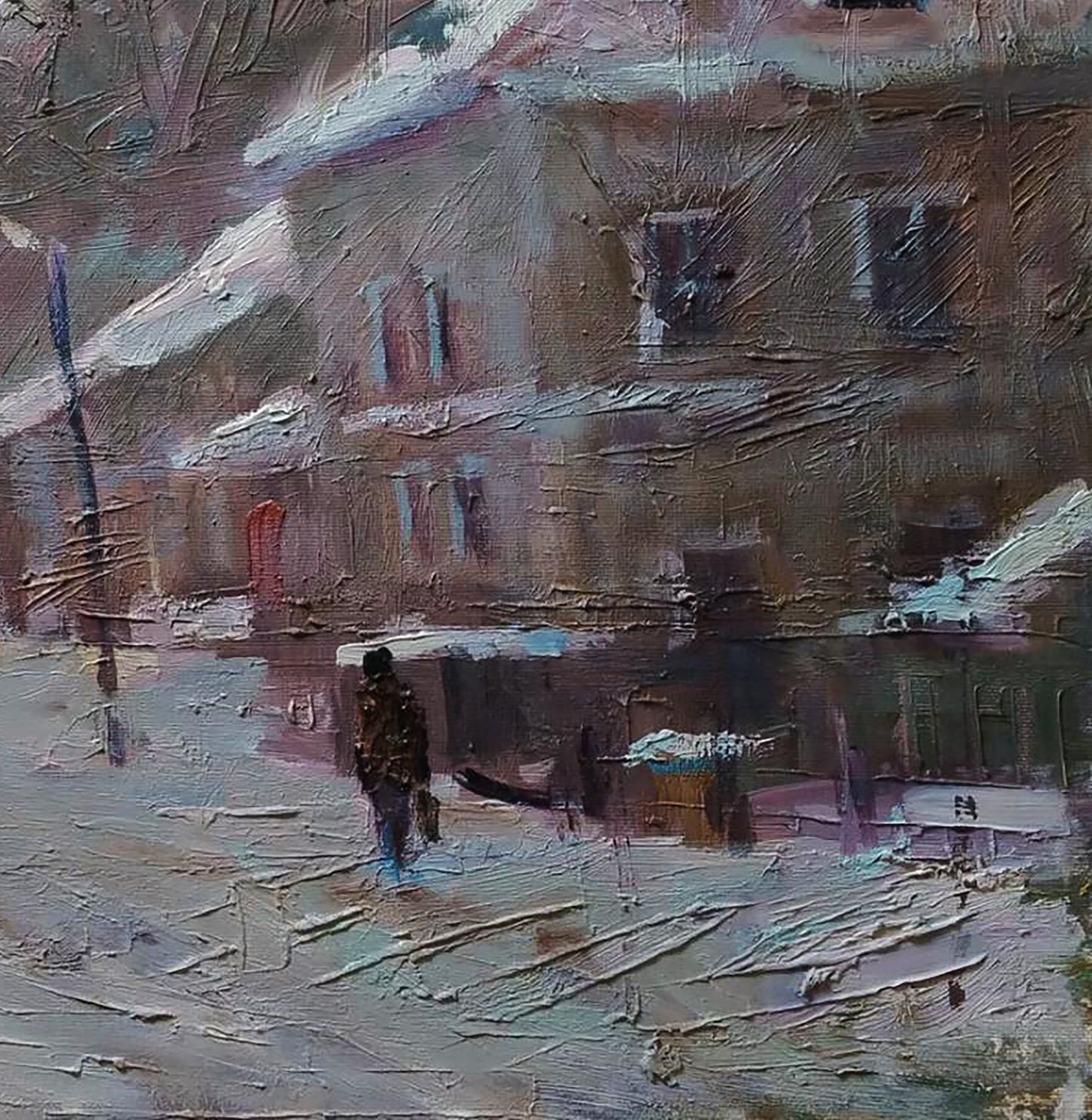Textured impressionistic oil painting by Opishnia Volodymyr Pashchenko snowy street