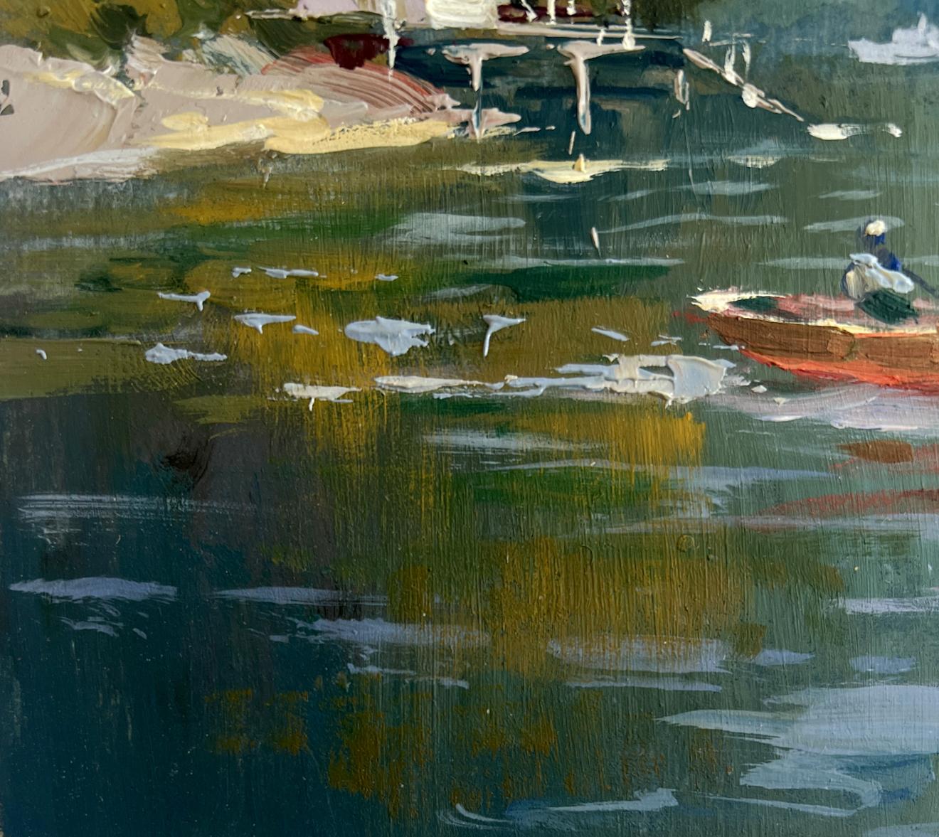 Vibrant impressionist oil painting by Yuriy Suprunchuk: red rowboat at summer yacht club