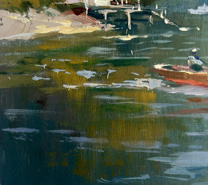 Vibrant impressionist oil painting by Yuriy Suprunchuk: red rowboat at summer yacht club