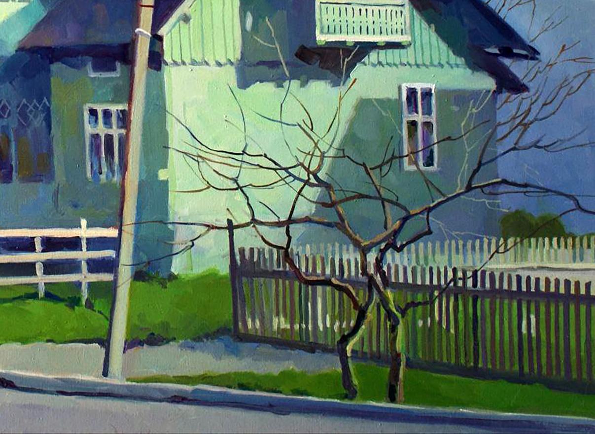 Oil painting of old light green house by Anastasia Yaroshevich