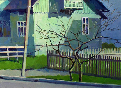 Oil painting of old light green house by Anastasia Yaroshevich