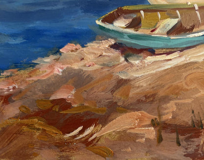 Teal rowboat on earth-toned shore oil painting by Yuriy Suprunchuk