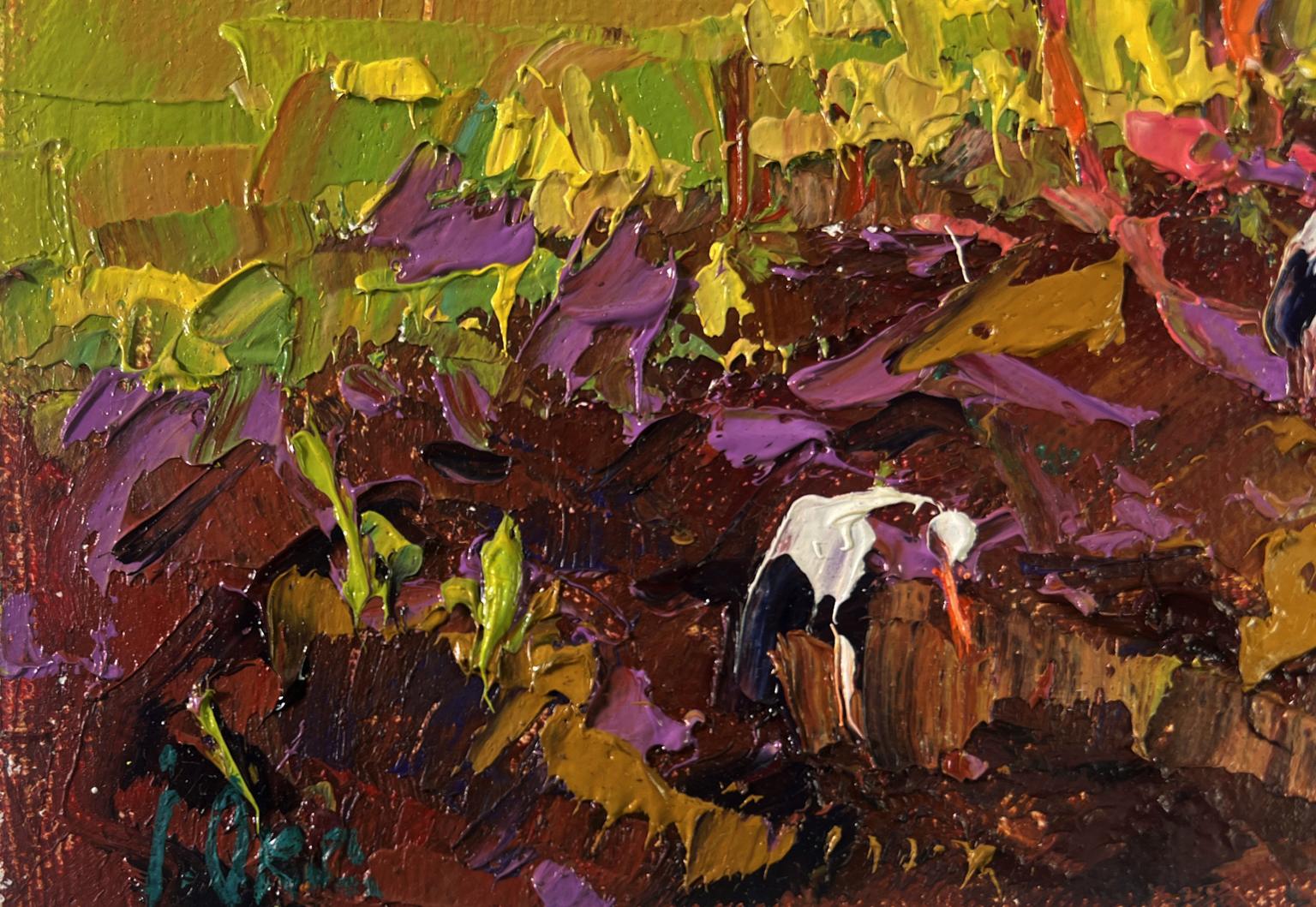 Oil painting by Oksana Ivanyuk: black stork with orange beak in vibrant sunset brushstrokes