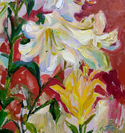 Vibrant impressionist oil painting Lilies by Leonid Pavlenko