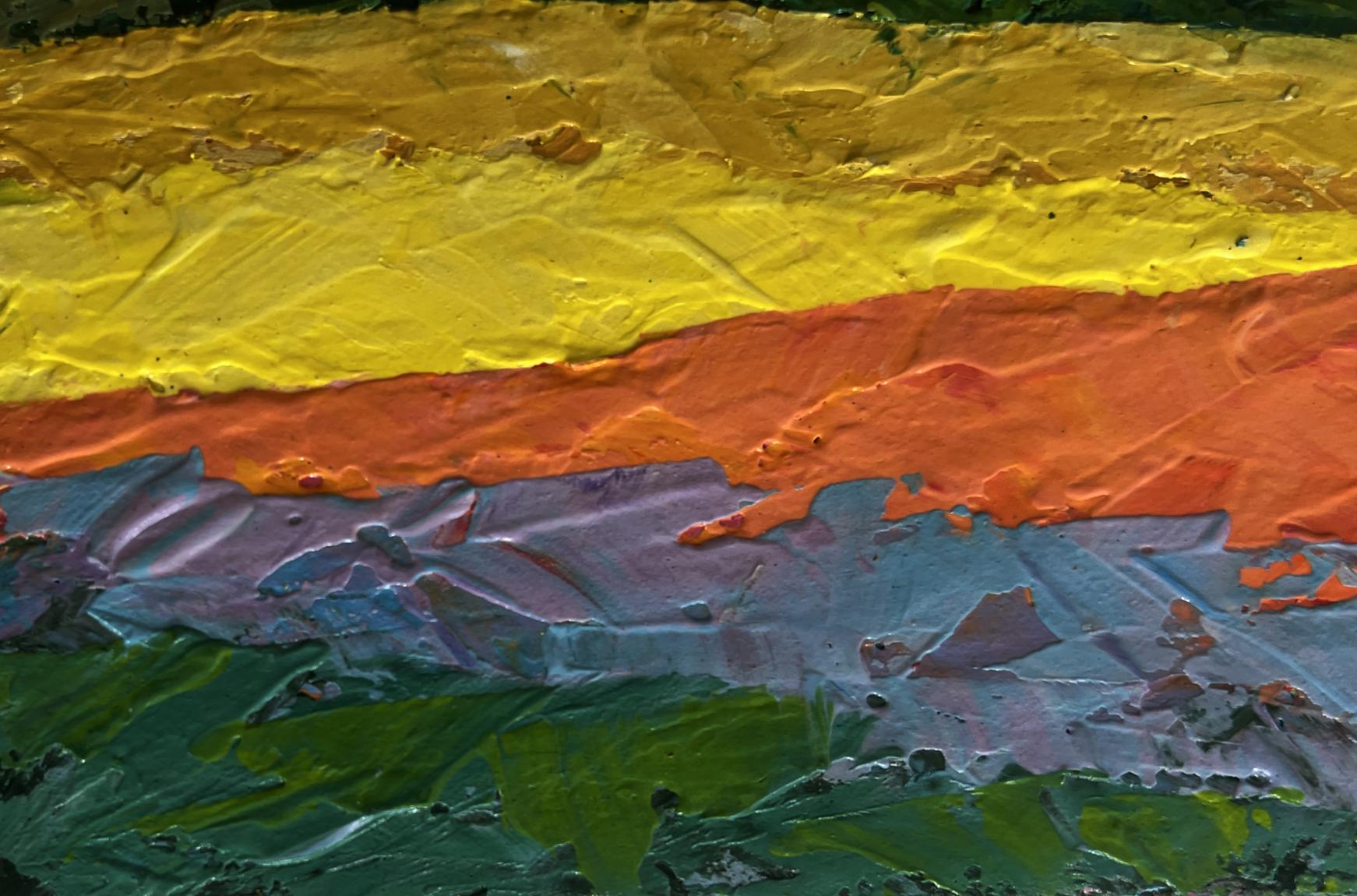 Vibrant oil painting Fiery sunset behind mountains by V. Zadorozhnya