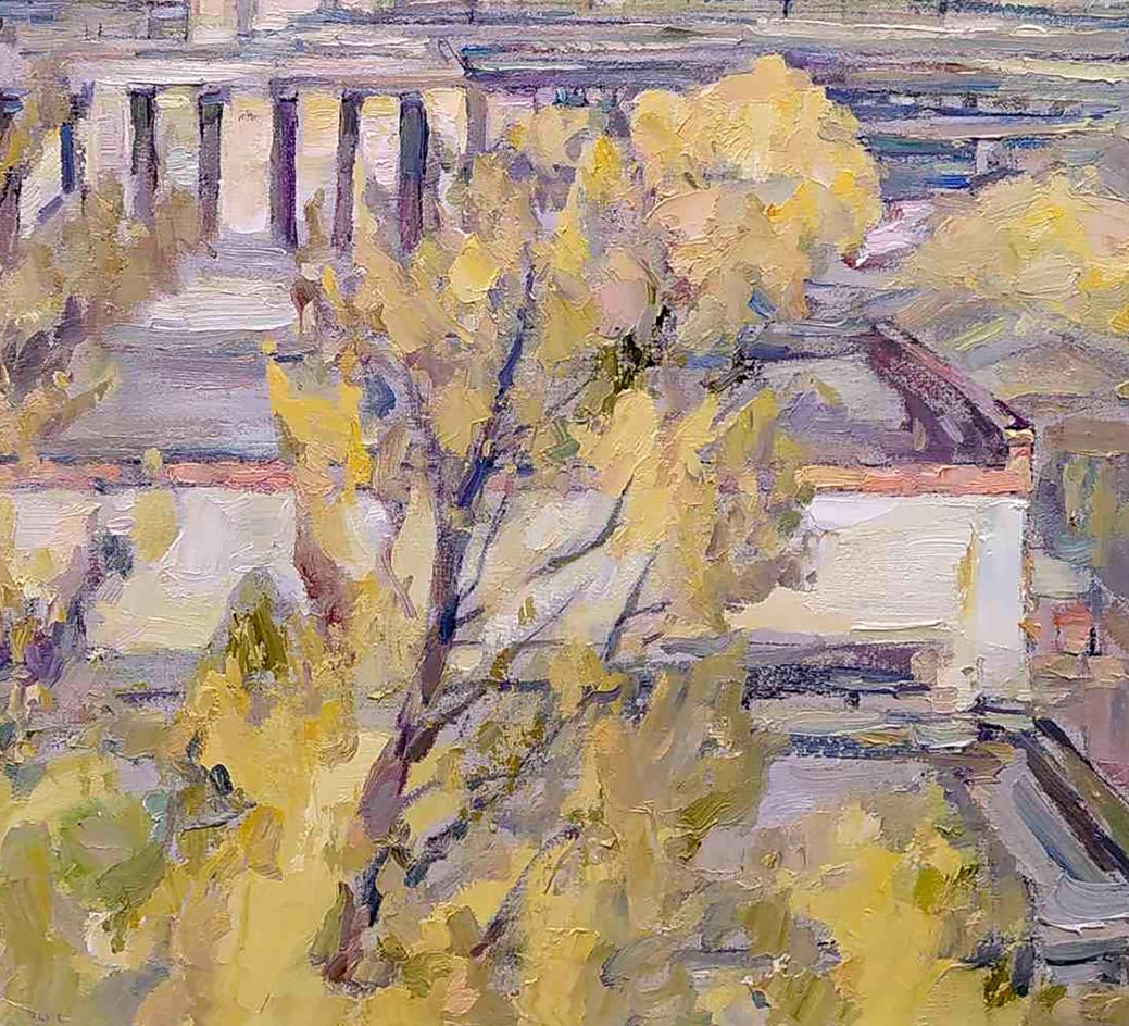 Oil painting Autumn in the City by Leonid Pavlenko, vibrant yellow tree