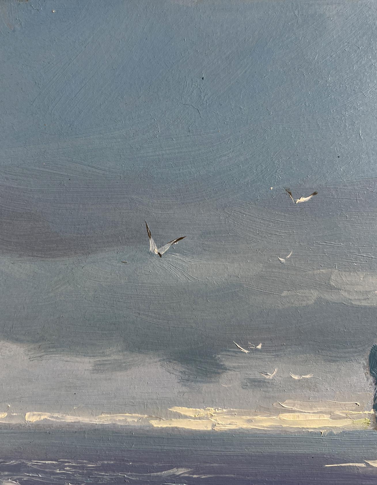 A textured oil painting depicting seagulls in flight against a moody, layered sky with hints of coastal landscape.