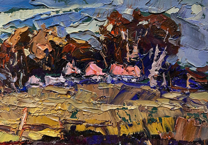 Impasto textured landscape oil painting There is a pond near the village by Oksana Ivanyuk