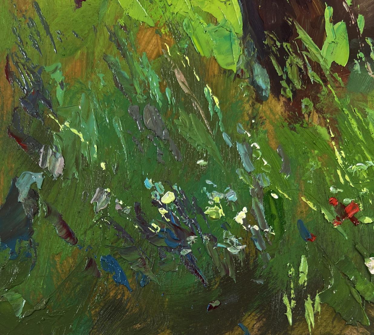 Vibrant oil painting of cows in flower field by Yuriy Suprunchuk