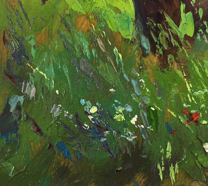 Vibrant oil painting of cows in flower field by Yuriy Suprunchuk