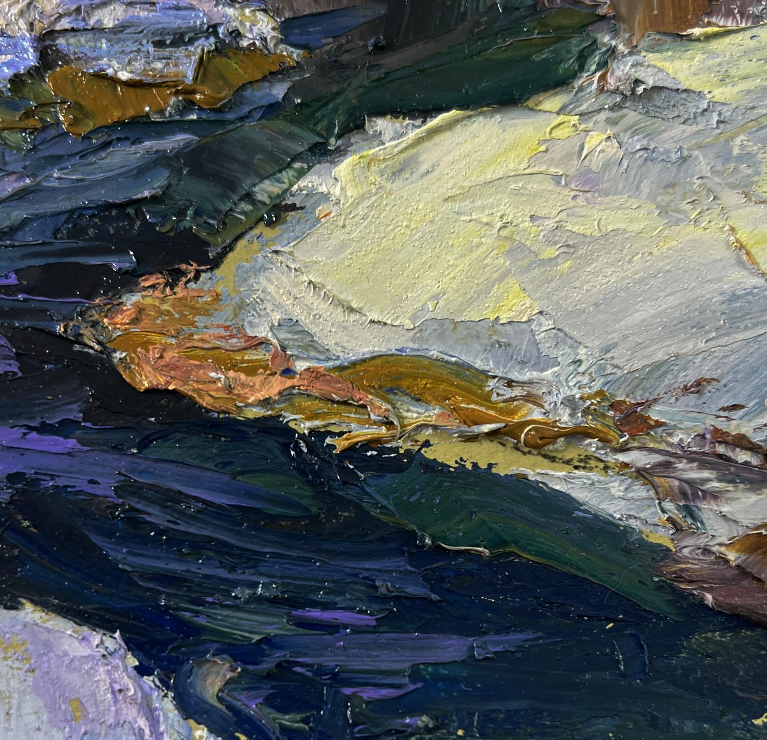 Oil painting Winter stream by Boris Serdyuk with impasto blues and greens