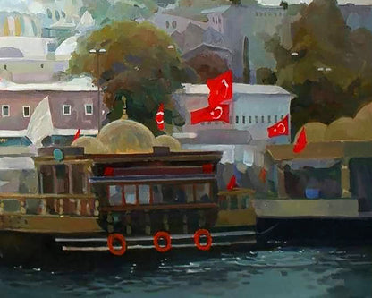 Oil painting Silver day by Anastasia Yaroshevich: wooden tour boat with red lifebuoys, Turkish flags