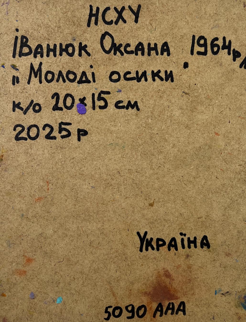 Back of 1964 Ukrainian oil painting by Oksana Ivanyuk, Molodi Osikki label