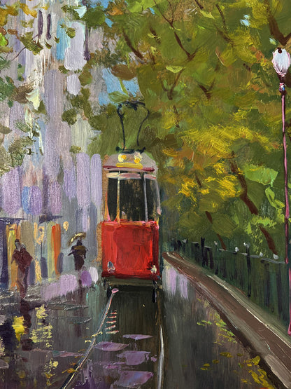 Vibrant red vintage city tram by Yuri Suprunchuk, impressionistic oil painting