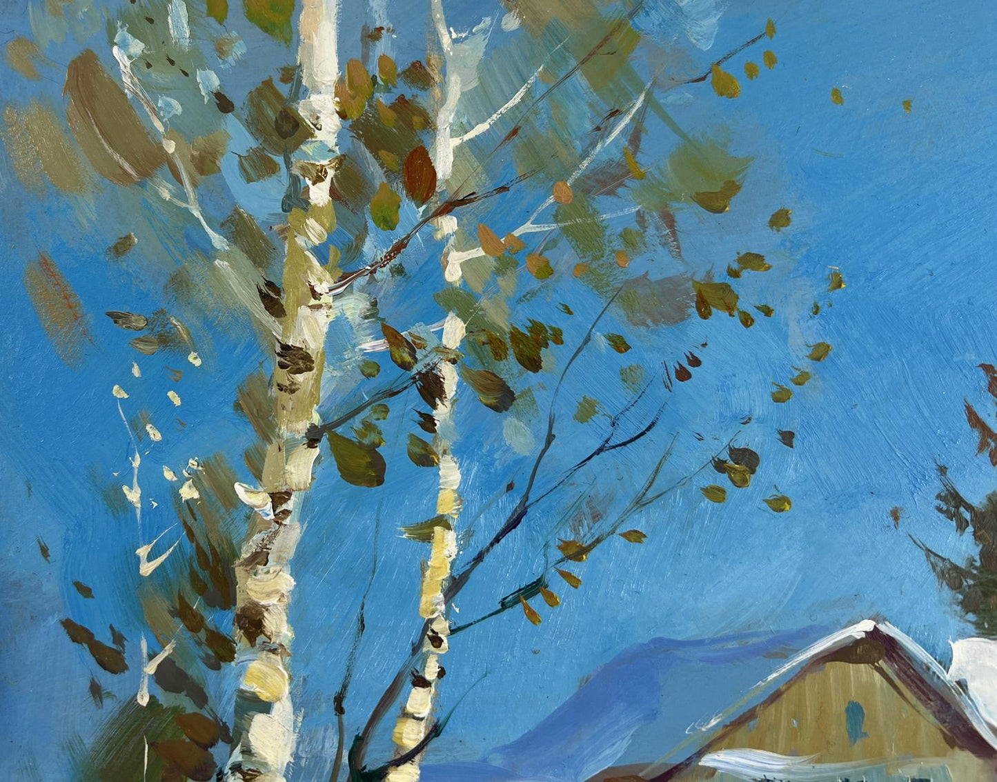 Oil painting of birch tree by Yuriy Suprunchuk against blue sky