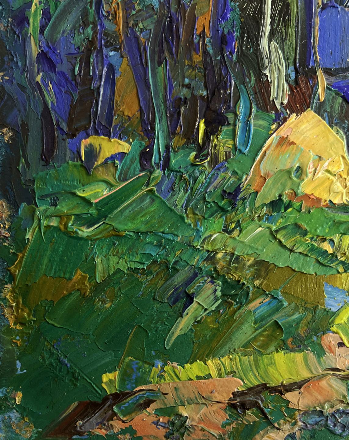 Vibrant impressionist oil painting of house near forest by Oleksiy Ivanyuk