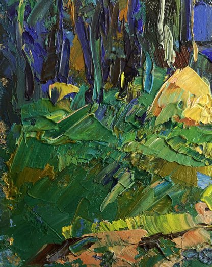 Vibrant impressionist oil painting of house near forest by Oleksiy Ivanyuk