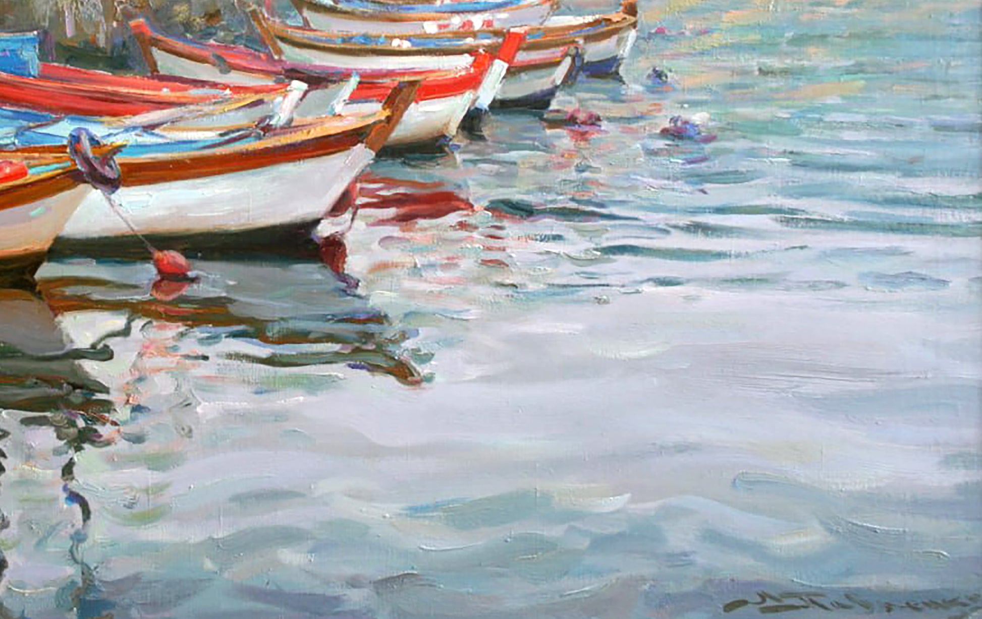 Oil painting by Leonid Pavlenko: colorful wooden fishing boats on pier