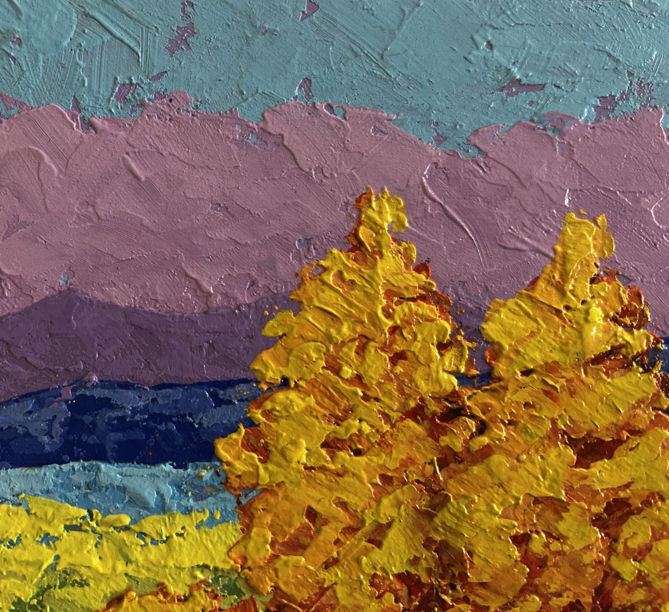 Vibrant oil painting of autumn meadows with yellow orange trees by V. Zadorozhnya