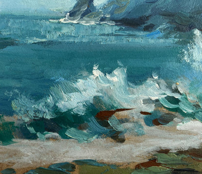 Oil painting by Yuriy Suprunchuk: teal waves crashing on rocks