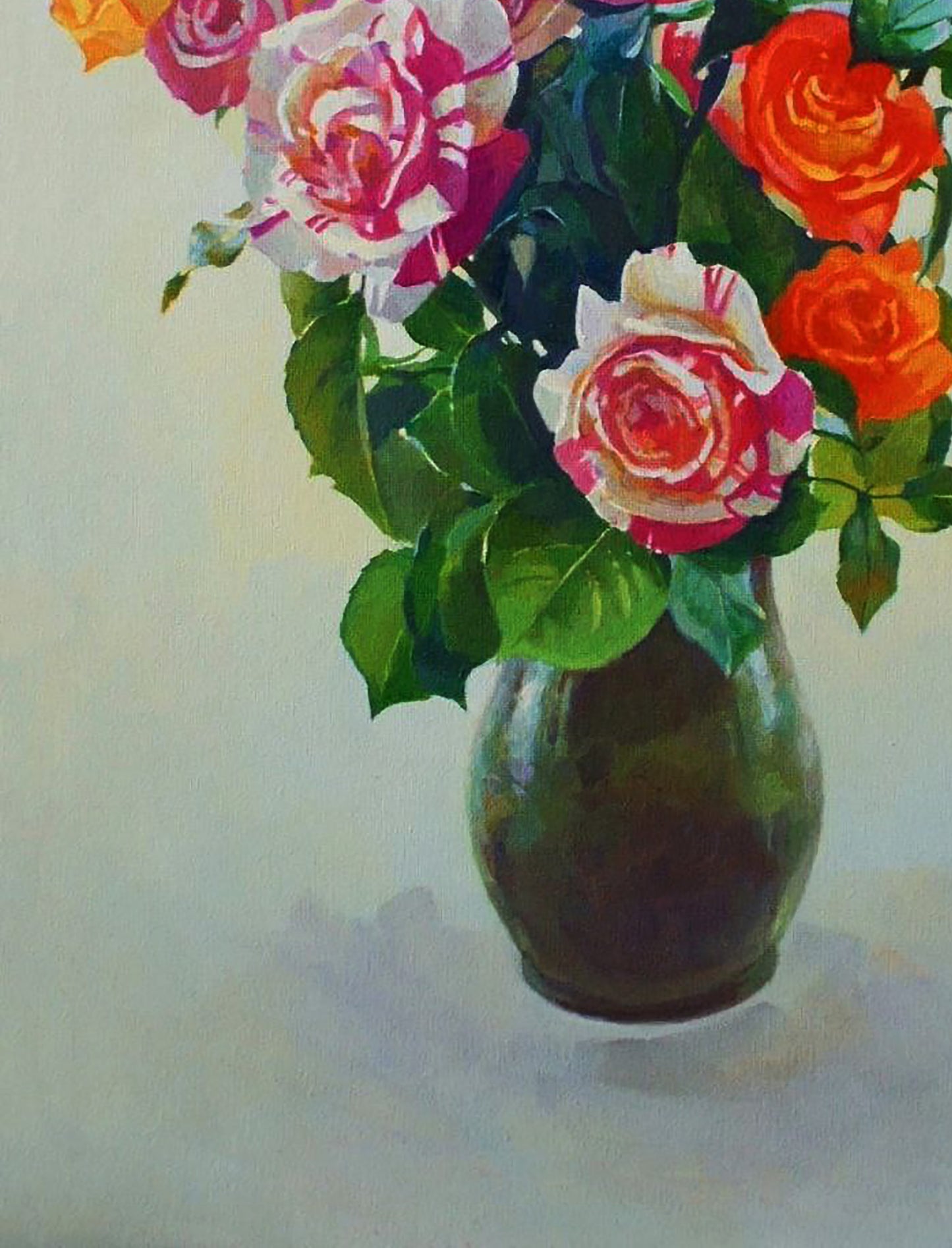 Oil painting of vibrant pink roses in dark green vase by Anastasia Yaroshevich