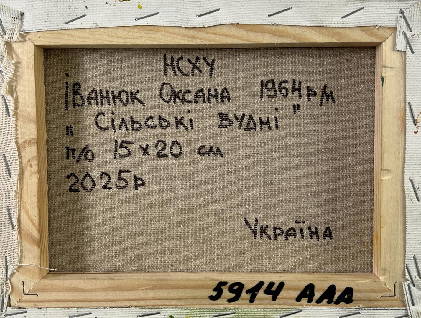 Back of framed 1964 oil painting Sils’ki Budni by Oksana Ivanok, 15x20 cm