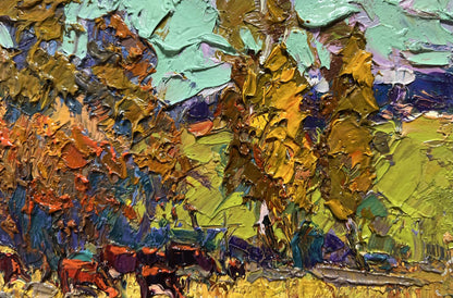 Oil painting The queue for the pasture by Oksana Ivanyuk in autumn hues