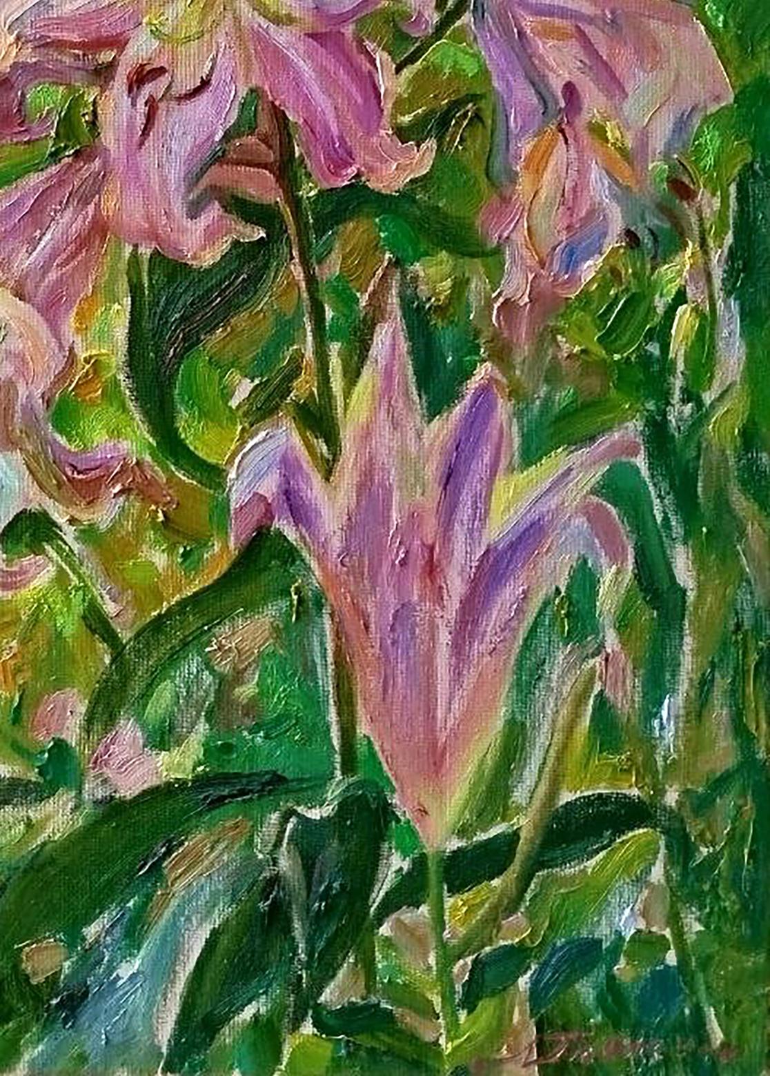 Vibrant impressionist oil painting of pink purple lilies by Leonid Pavlenko