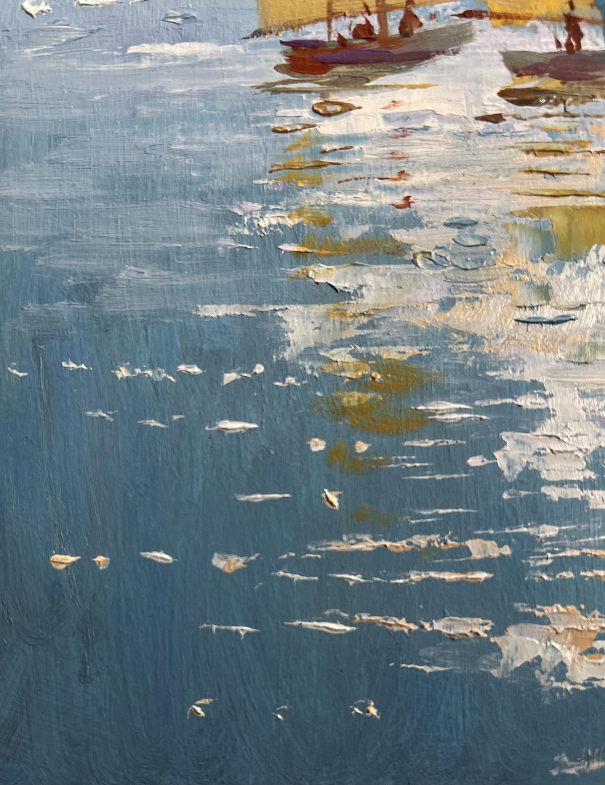 Oil painting of three sailboats in evening by Yuriy Suprunchuk