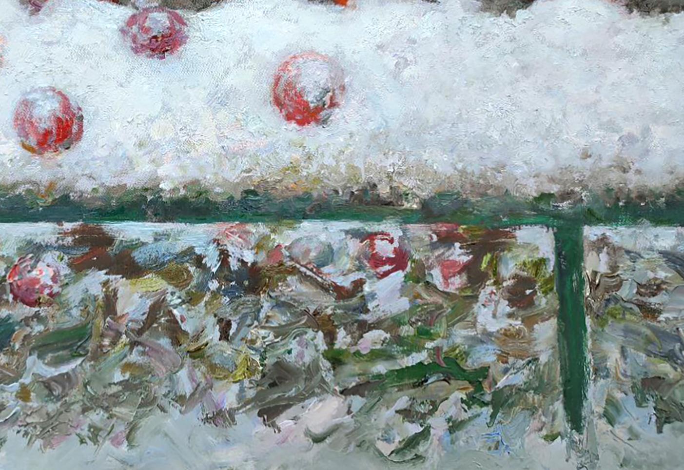 Oil painting In the parent’s garden by Leonid Pavlenko: red apples in snow
