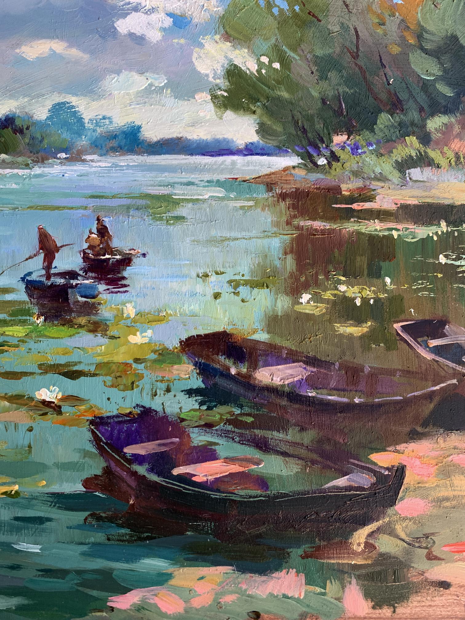 Oil painting by Yuriy Suprunchuk: dark rowboats on lily-pad pond under cloudy sky